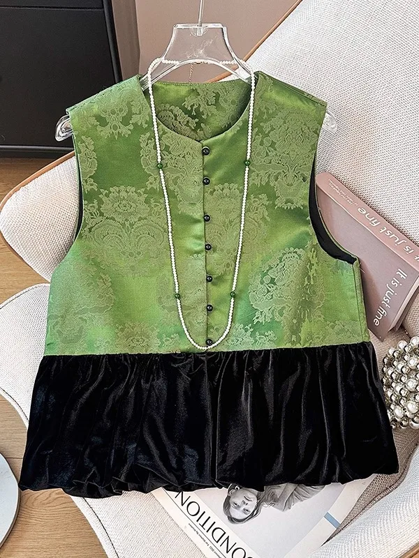 

New Chinese Sle Velvet Patchwork Design Sensation National Trend Vest Autumn Versatile round Ne Svel Top Daily Comm...