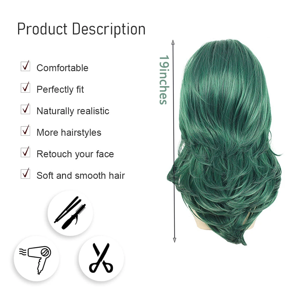 Peruca Sintética Cacheada de Alta Qualidade 19 polegadas Verde Escuro Adequada para Mulheres Uso Diário Festa Cosplay Natural e Fluffy Resistente ao Calor