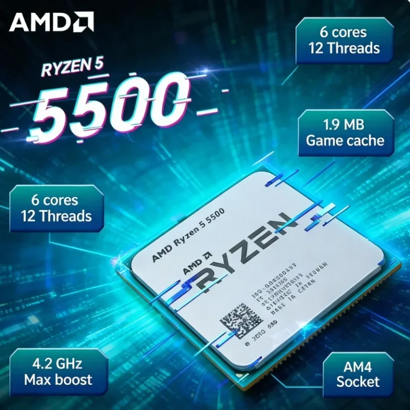 AMD Ryzen 5 5500 R5 5500 6 Core 12 Thread 4.2GHz AM4 Socket Desktop CPU Tray Version Without Cooler for PC Upgrade