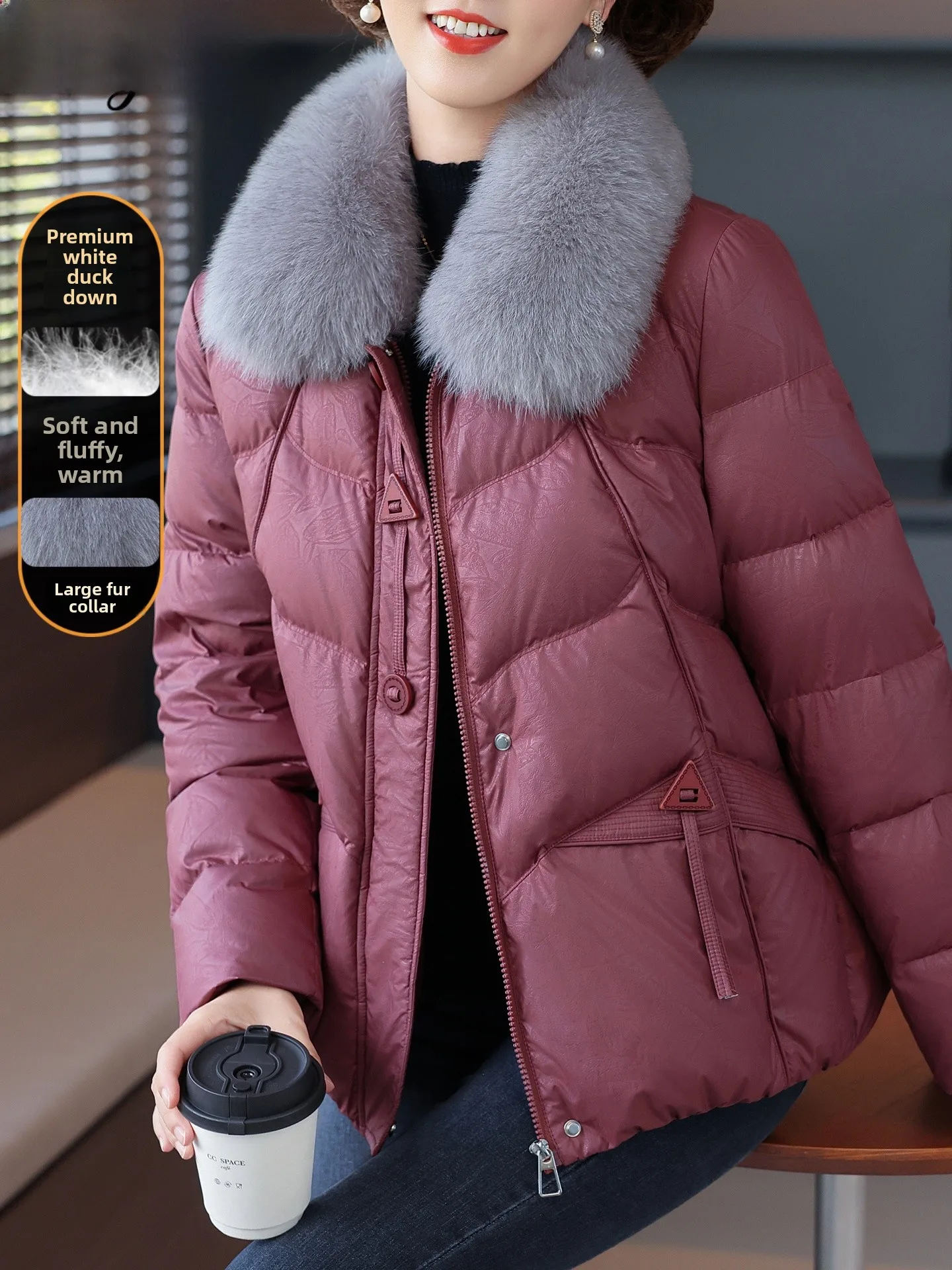 

Thiened down Jaet Fur Collar Women's Faionable Winter Coat Warm Stand Size Loose Fit for Middle-Aged And ly