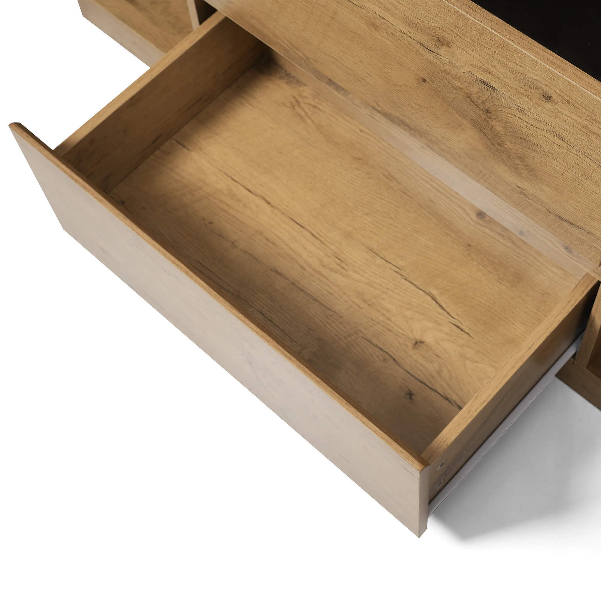 Eichen-Sideboard mit 2 Schubladen, 2 verstellbaren Schränken und offenem Fach – ESG-Glas & schwarze Griffe, H70/B140/T40 cm. – Detail 23
