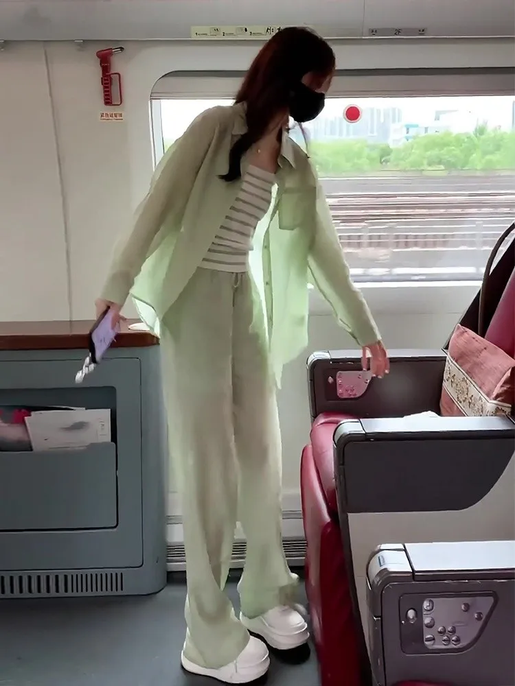 New Summer 2025 Faion Set Beautiful een Sun Protection irt Vest Wide Leg Pants Tee Piece Women's Clothing Ensemble