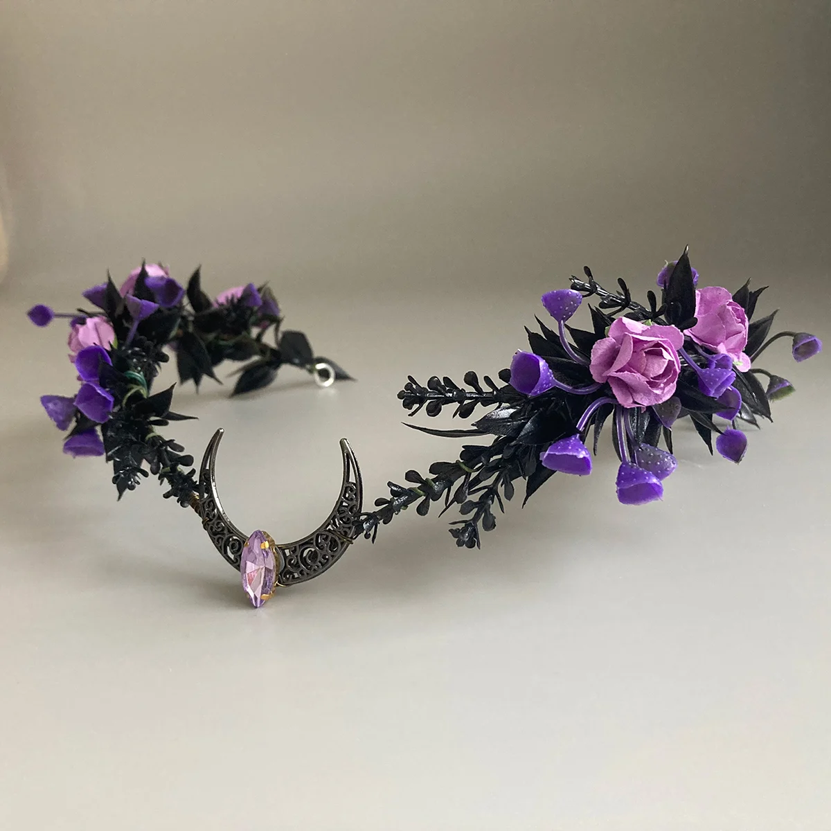 Black Elven Crown Purple Floral Woodland Crescent Tiara Headband Fairy Circlet Witch Headpiece Elvish Tiara Elven Diadem Renaiss