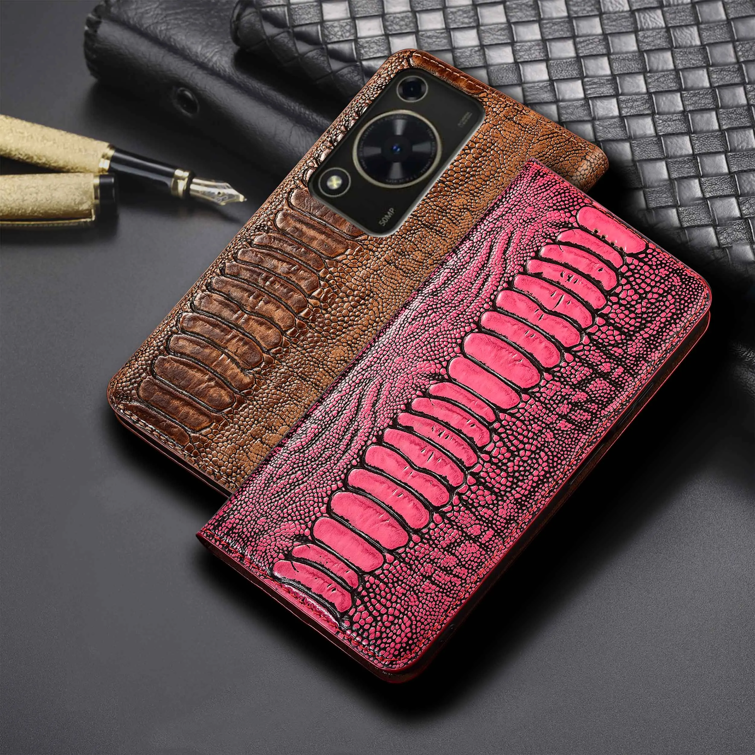 

For Huawei Enjoy 10 10S 10E 20 20E 50Z 60 60X 70 70X 70S Pro Plus Ostrich Feet Pattern Genuine Leather Flip Phone Case Cowhide