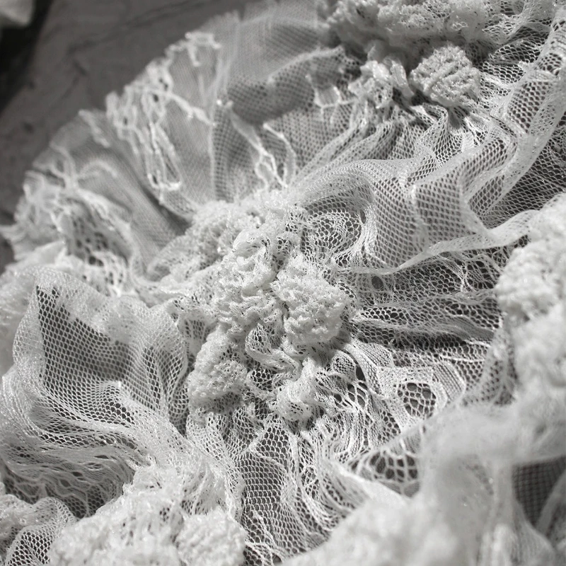 Three Dimensional Crochet Texture Lace Pleated Mesh Fabric White Wedding Dresses Elastic Spring Summer Clothing Designer Fabric