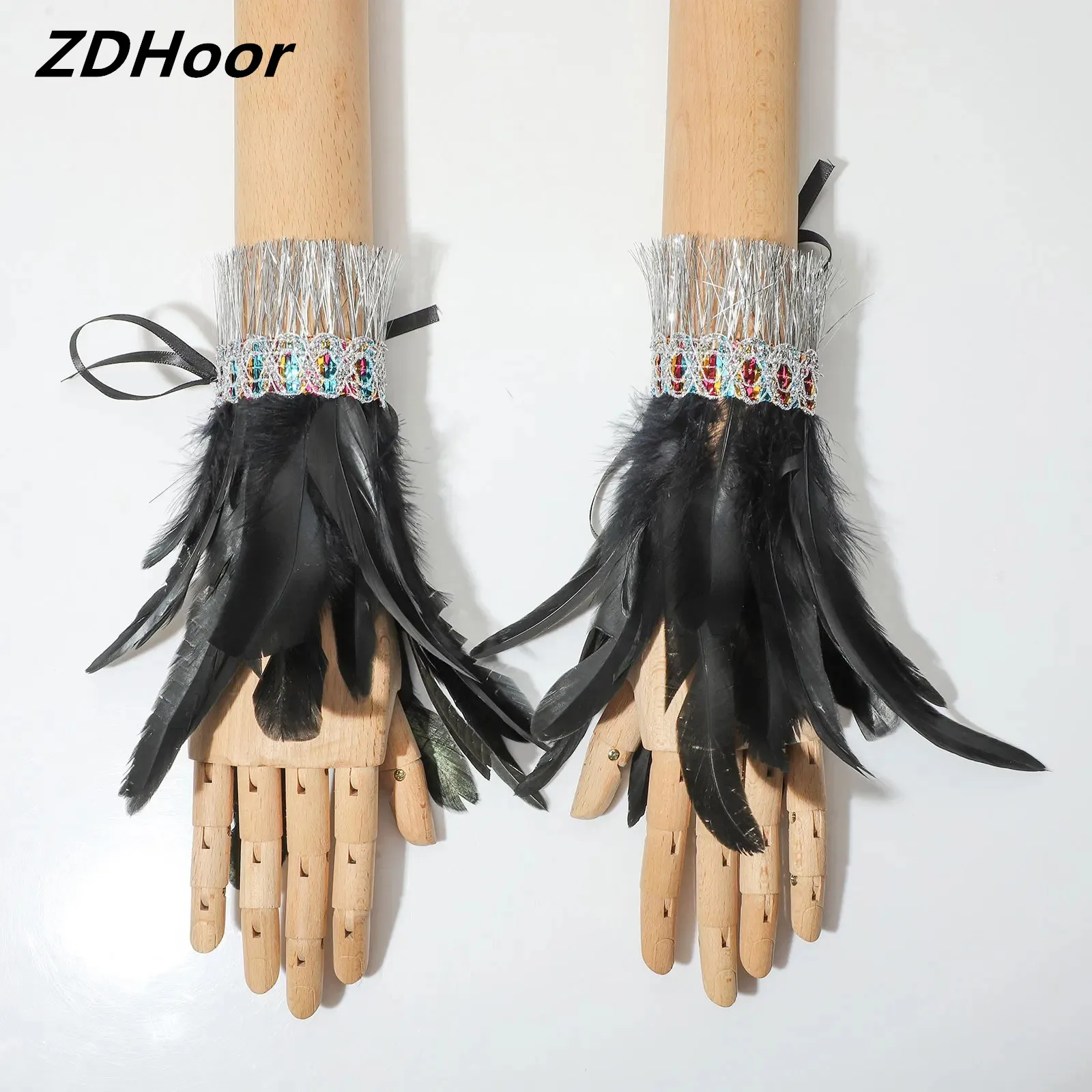 

Halloween Gothic Feather Gloves Sleeves Bracelet Shiny Tassel Lace Trim Wrist Bands Gloves Steampunk Costumes Accessories