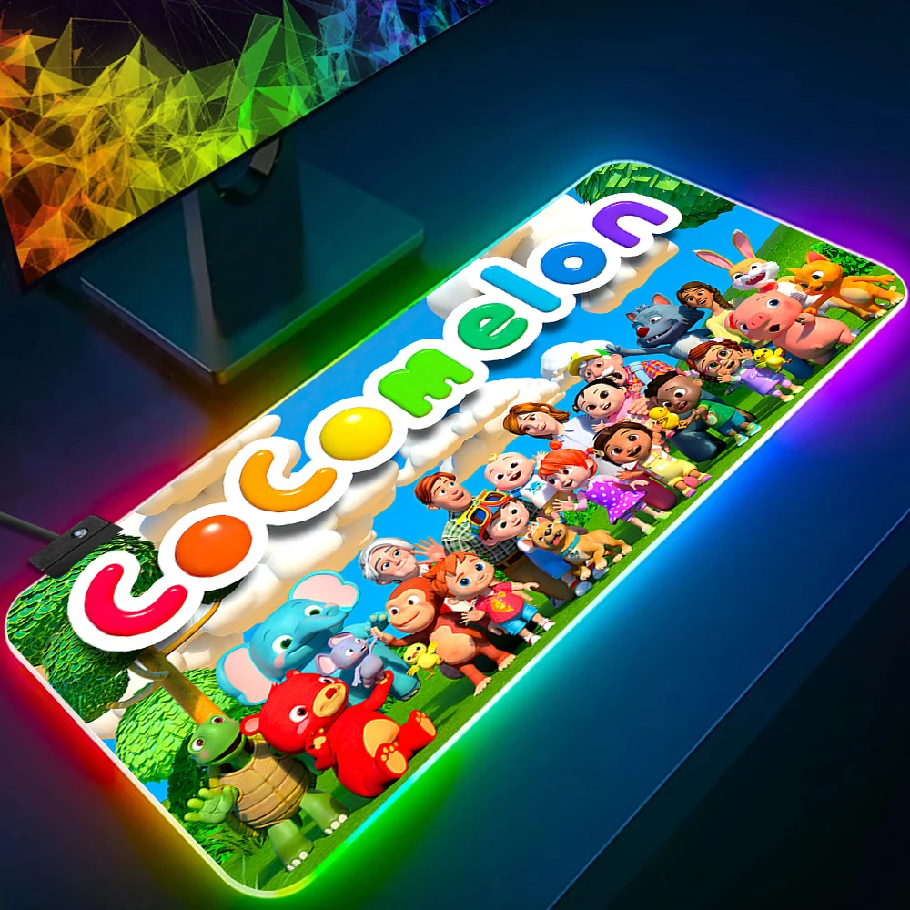 

Cute Cartoon C-Cocomelon RGB Pc Gamer Keyboard Mouse Pad Mousepad LED Glowing Mouse Mats Rubber Gaming Computer Mausepad