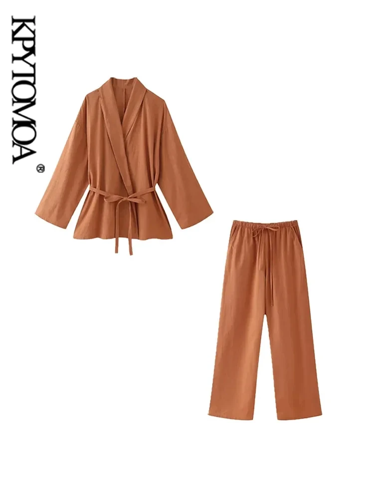 KPYTOMOA Women Fashion With Belt Loose Kimono Blouses And Mid Elastic Waist With Drawstring Trousers Female Two Piece Sets Mujer