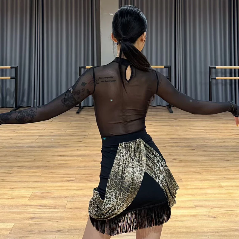 신상 라틴 댄스 공연 의상 레오파드 메쉬 섹시 룸바 차차 탱고 댄스 연습복 대회 드레스 수트 DNV25999
