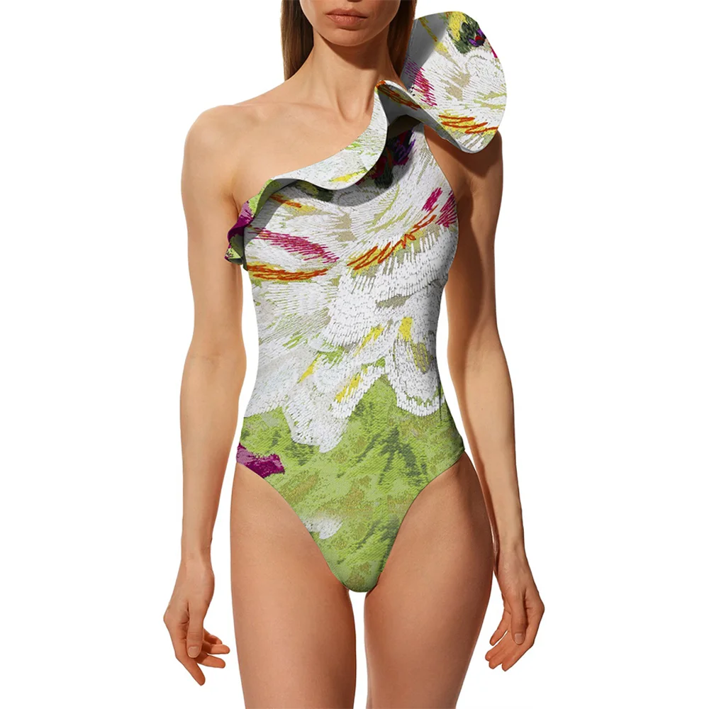 

Green And White Smudge Women's Bikini Shoulder Ruffle Edge Fashion Trend Flower Print 2024 Summer New Beach Swimsuit