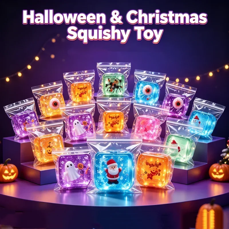 Halloween Christmas Squishy Toy Transparent Cube Squeeze Fidget Toy Ghost Pumpkin Santa Snowman Stress Relief Party Gift Happy