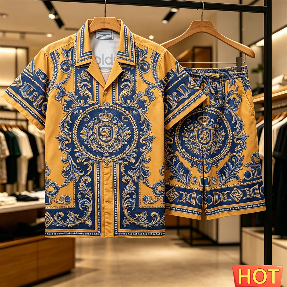 Summer Men's Hawaiian Vacation Shirt Set Breathable men's casual two-piece set Home Set Retro pattern shirt set shirt pants sets