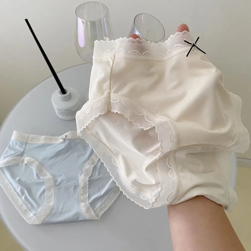 French Style Bow Lace Panties Transparent Seamless Mesh Thin Briefs Mid Waist Ice Silk Underwear Spring Summer