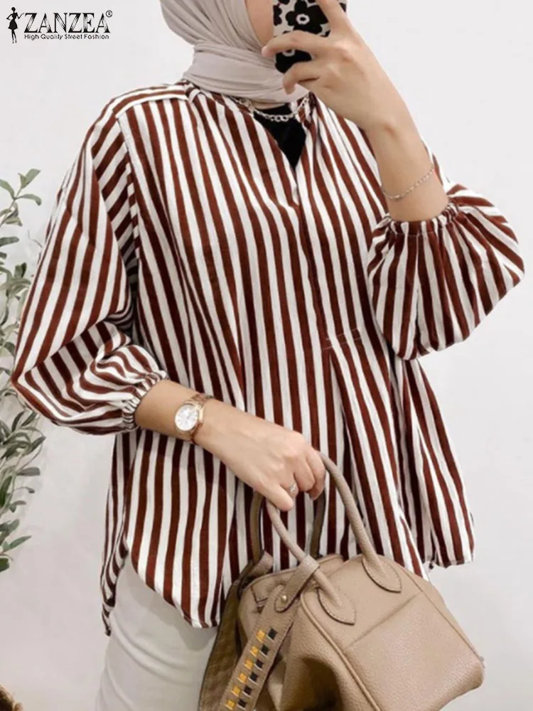 ZANZEA Fashion Turkey Muslim Blouse Woman Puff Sleeve Stand Collar Blusas Casual Holiday Islamic Clothing Elegant Striped Shirt