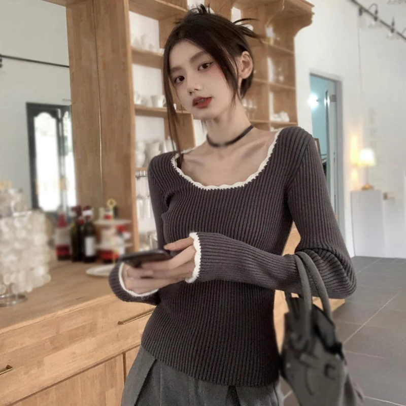 Long Sleeves Top Retro Contrast Colors Slim Fashion Temperament O Neck Women\'s Sweater Knitted Korean Version