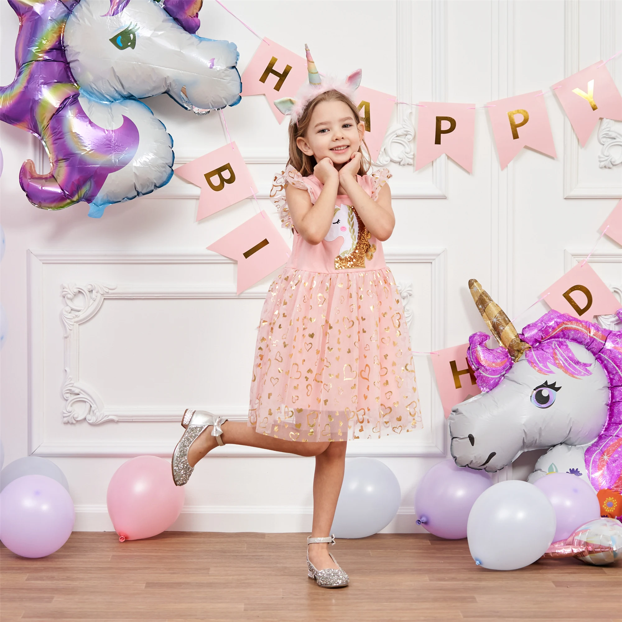 Einhorn kleid für Mädchen: neues ärmelloses besticktes Party kleid für Kinder im Frühjahr/Sommer sh1696 – Detail 2
