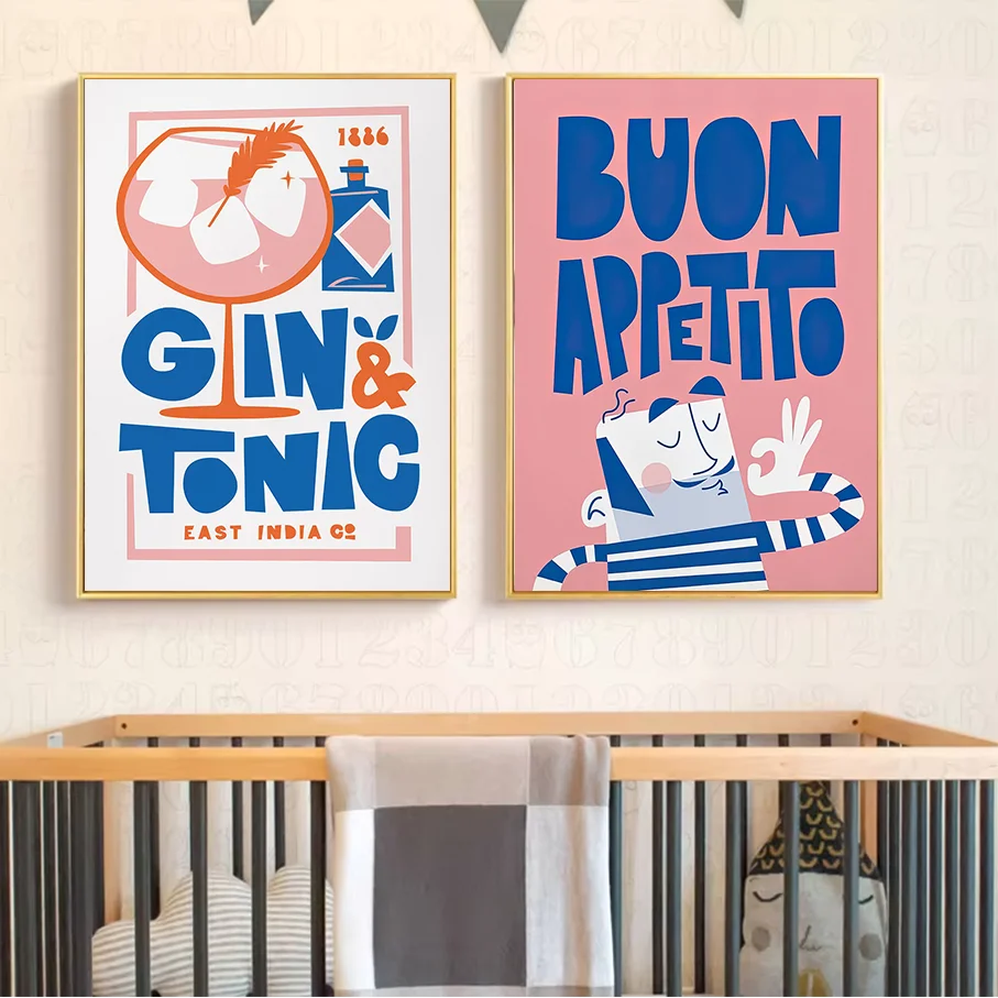 Frameless Canvas Print Wall Art Retro Gin Tonic Buon Appetito Cartoon Cat Typography Poster Home Decor
