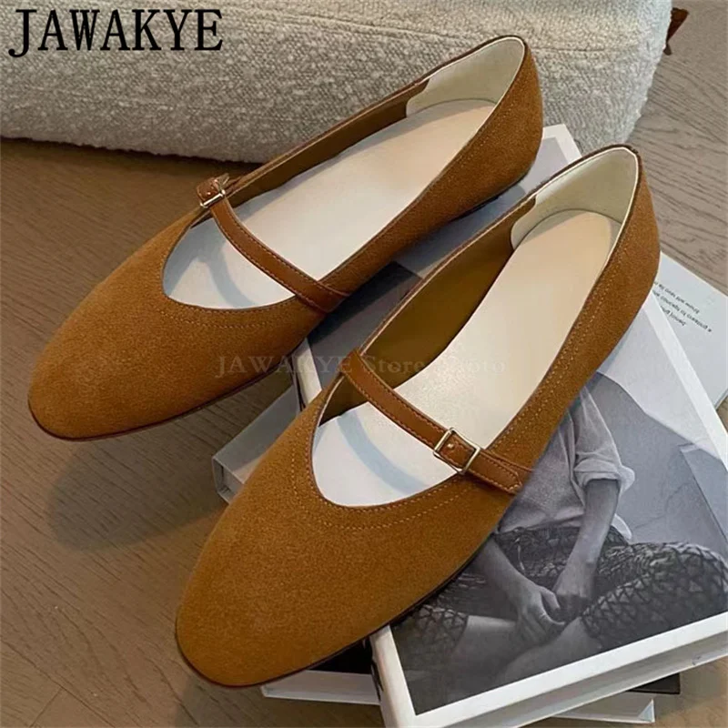 JAWAKYE Suede Round Toe Flat Shoes Women Low Top Buckle Designer Doudou Shoes Summer Luxury Brand Ballet Dance Walk Shoes Woman