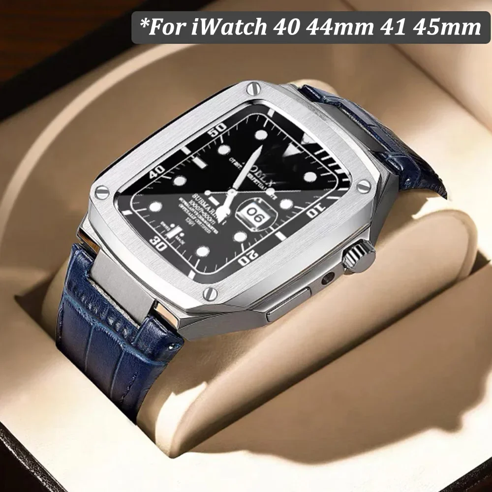 

Stainless Steel Case For Apple Watch Series 7 8 45mm 41mm 6 5 4 SE 44mm 40mm For iWatch Leather Modification Kit Mod Frame Bezel