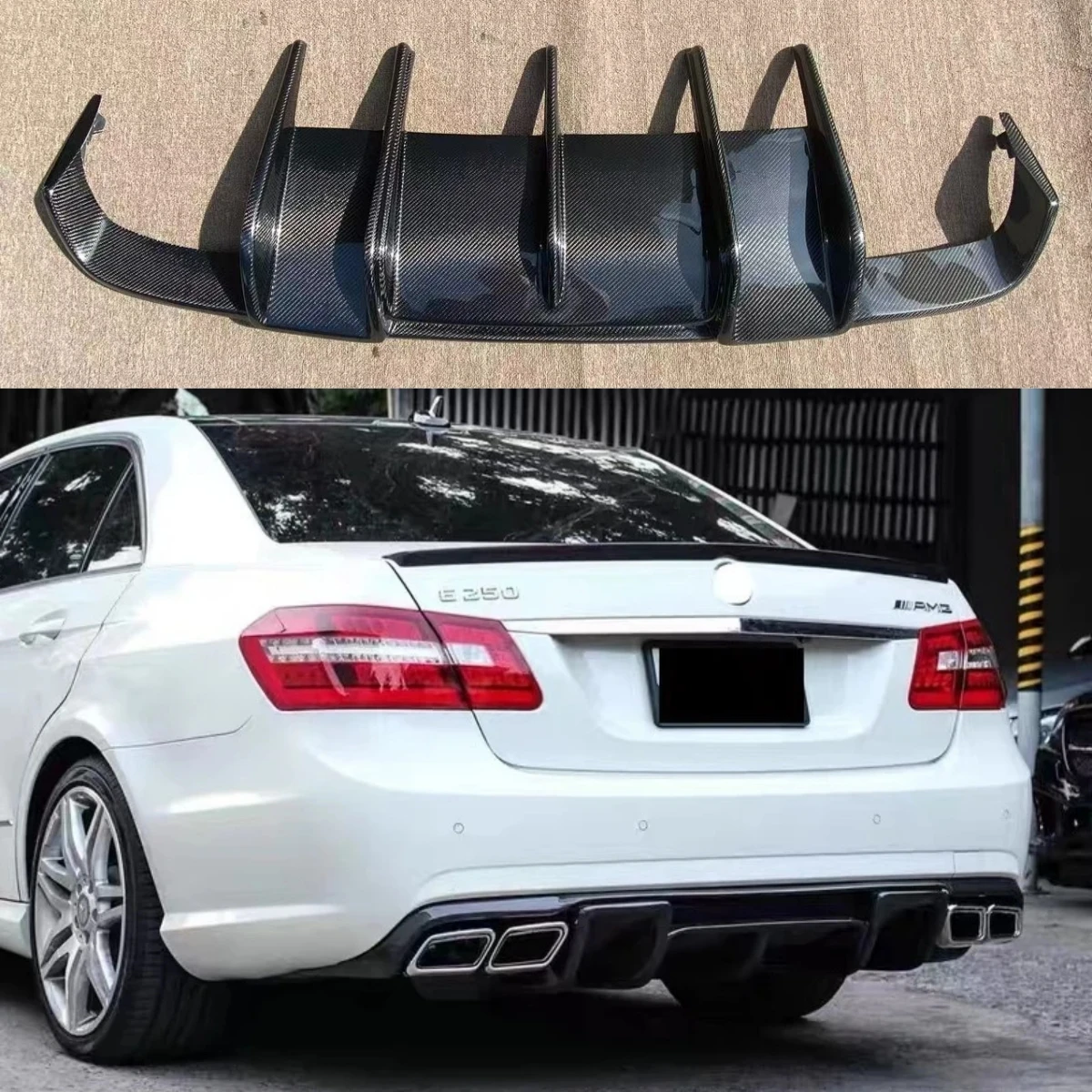 RStyle Carbon Fiber FRP Rear Bumper Lip Diffuser Exhaus For Mearcedes Benz W212 E-CLASS E63 AMG E500 E550 4 Door Sport 2009-2013