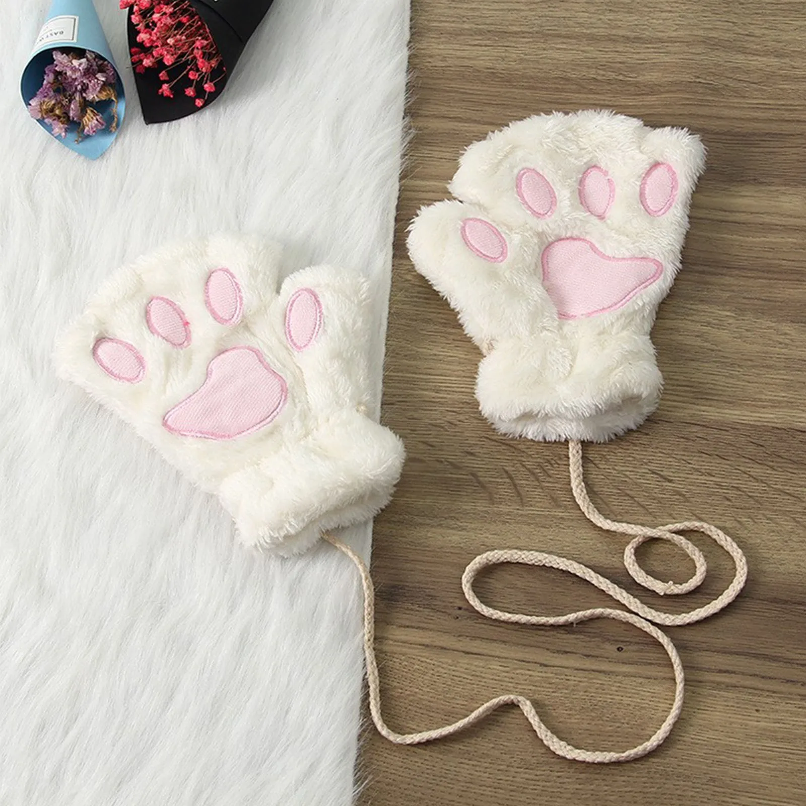 Cat Paw Gloves Winter Cute Cartoon Cat Girl Open Finger Gloves Thickened Fluffy Bear Paw Half Finger Gloves