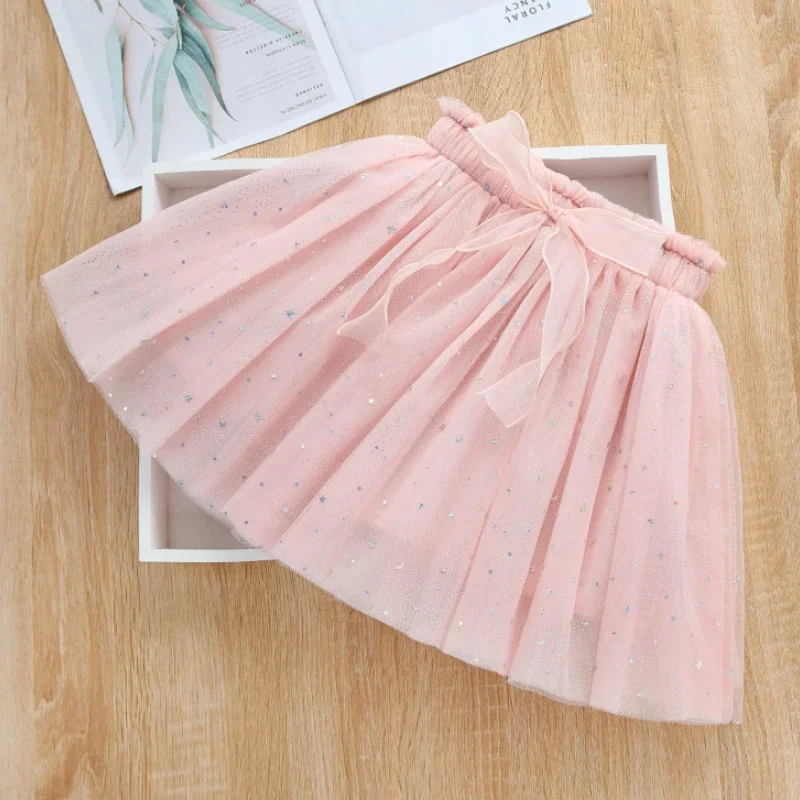 2-10T Starry Sequin Girl Mesh Skirt 2024 Spring Autumn New Children Baby Gauze Princess Skirt Bow Fairy Girl Tutu Skirt Tulle