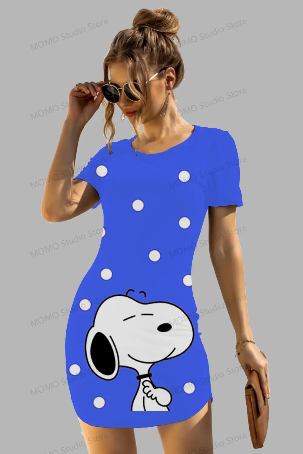 Vestido picante de manga curta com o decote Kawaii Snoopy Hip, elegante moda boho, novo, verão, Y2K, S to 3XL, 2024