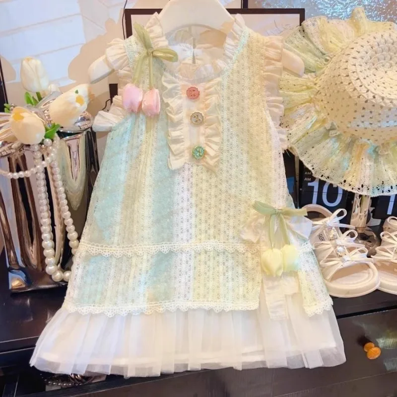 Girls Sweet Lace Floral Splicing Mesh Dress 2025 Summer New Baby Foreign Hollow Princess Dress Fashion