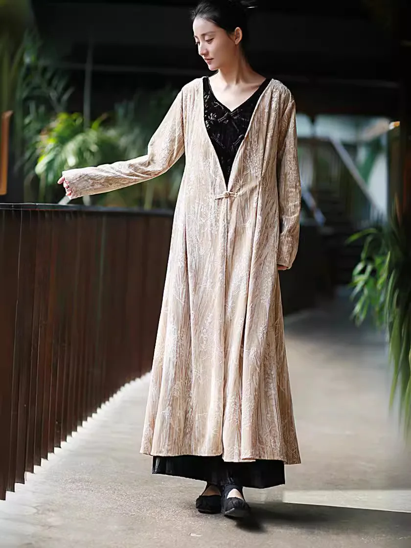 

TIYIHAILEY женская национальная длинная толстая верхняя одежда до середины икры с длинными рукавами и v-образным вырезом на одной пуговице, бархатные черные теплые пальто