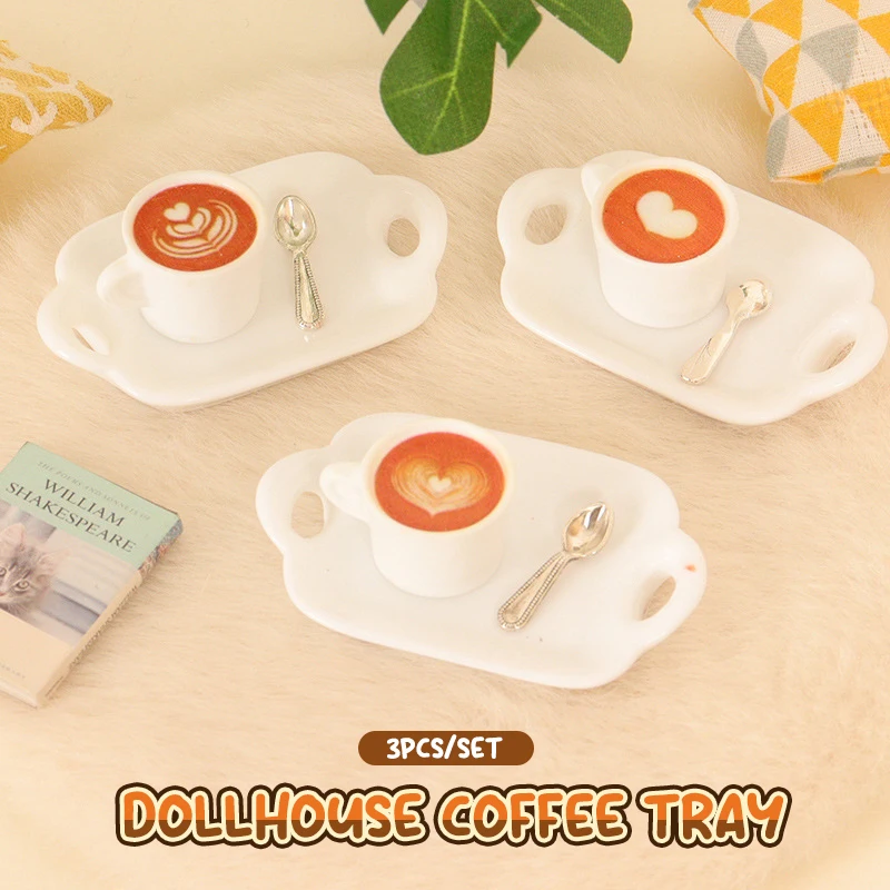 3Pcs/Set 1:12 Dollhouse Miniature Simulation Coffee Cup Spoon Tray Coffee Tray Living Scene Model Kitchen Tableware Decor Toys