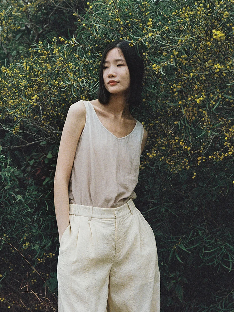 

Original Design Women's Plant-Dyed Leather Cotton Patchwork Loose Fit ort Vest T-irt Front Ba Wear Summer 202