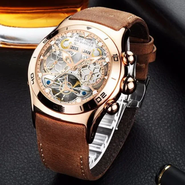 Reef Tiger Men Automatic Watch 44mm Mechanical Wristwatch Skeleton Perpetual Calendar Luminous K1 Mirror Year Month Week Date