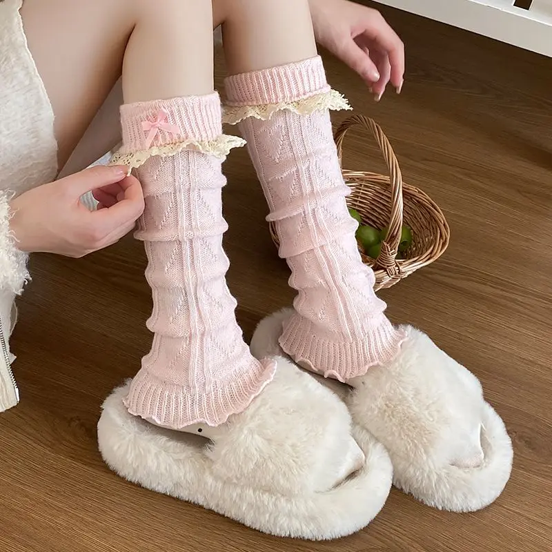 

Jk Pink Bow Leg Warmers Knitted Foot Cover Lolita Kawaii Knee Socks Sweet Girls Leg Warmers Long Socks Stockings Ballet Style