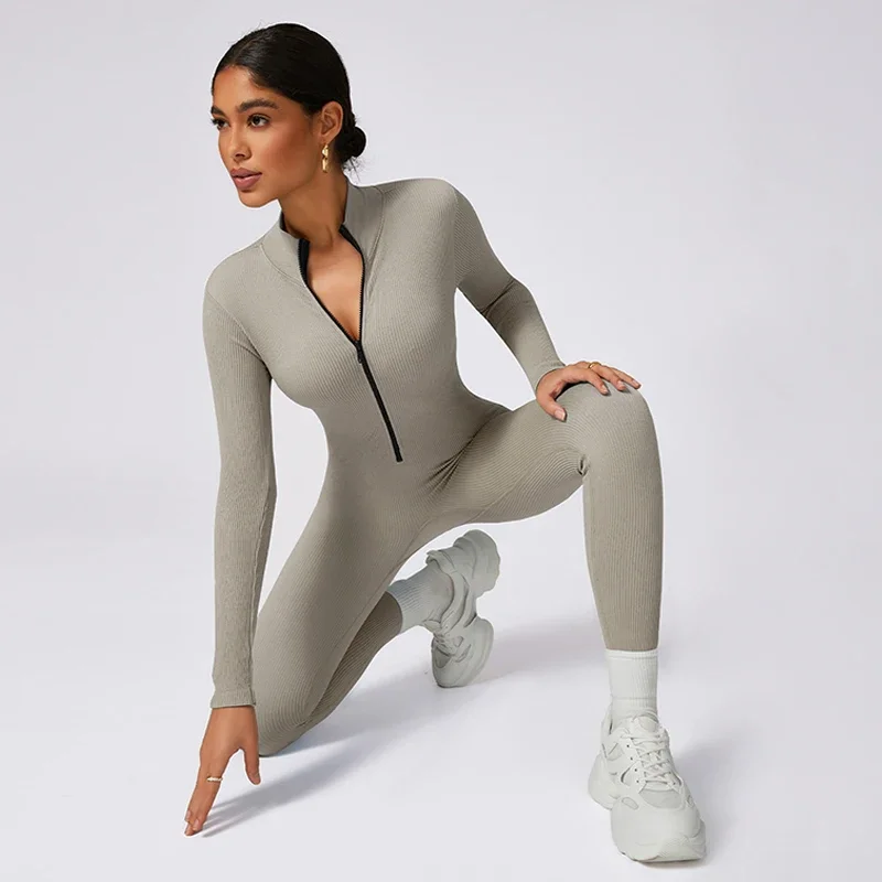 Ribbed Gym Jumpsuits Zipper Sport Romper Longsleeve Fitness Jumpsuit Ladies Workout Overalls Sportwear One Piece Suit