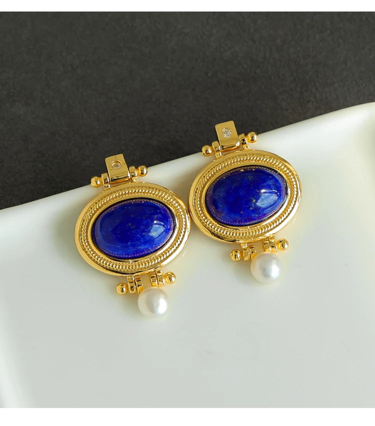 

Natural Lapis Lazuli Earrings S925 Sterling Silver Gold Plated Retro Chinese Gemstone Earrings Elegant Ladies Jewelry