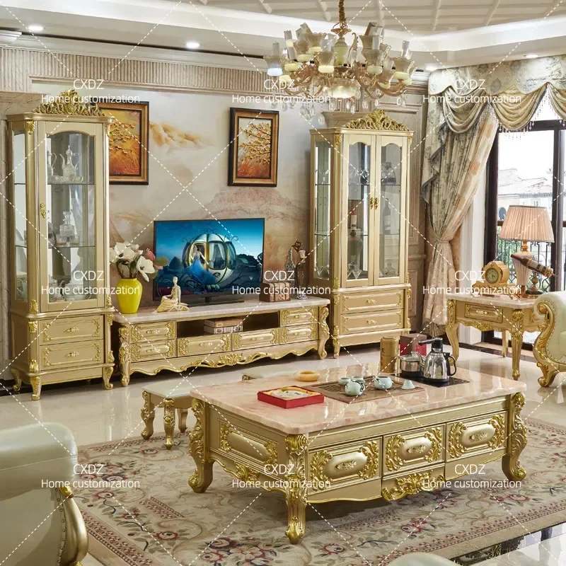 Luxury Gold Marble Coffee Table and TV Cabinet Set Solid Wood Living Room Furniture for Small Apartment European Style K50