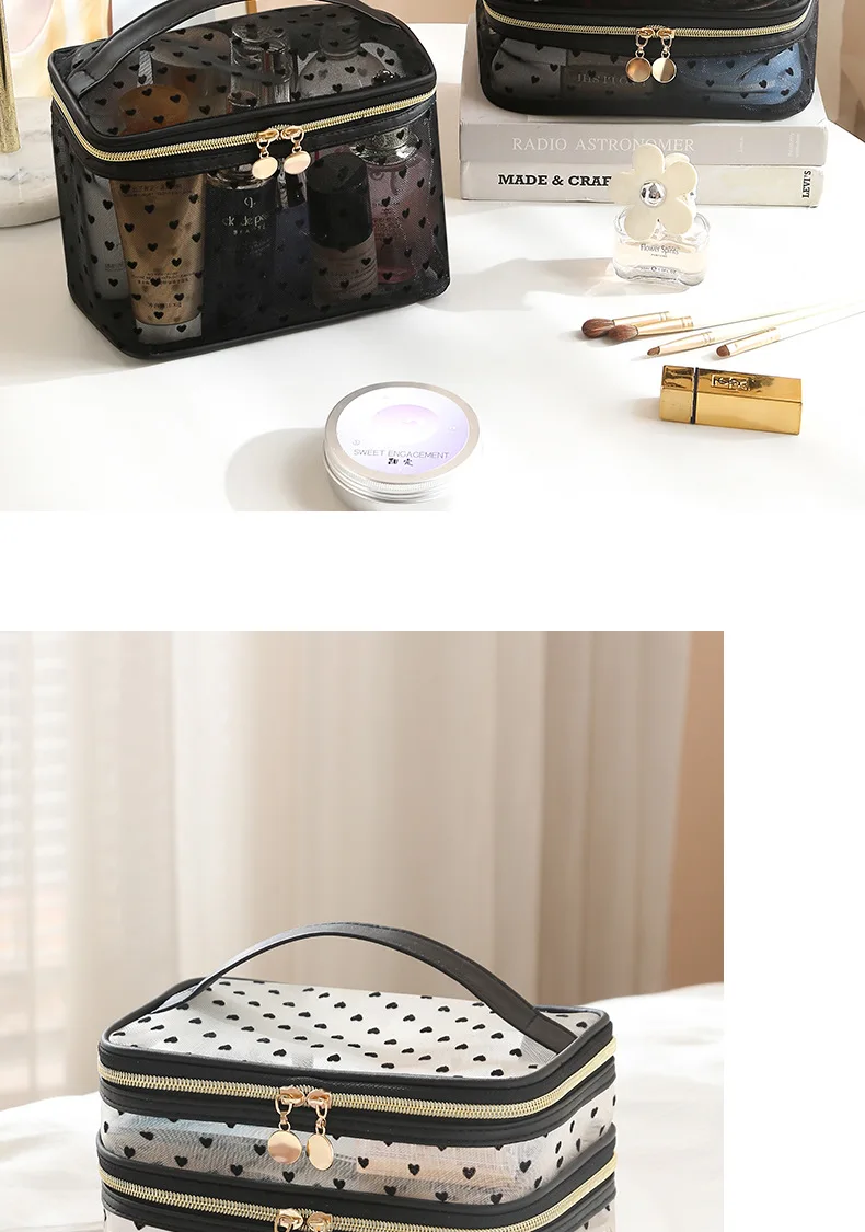 Doppelschichtige schwarze Mesh-Kosmetiktasche für Reisen, tragbar, großes Fassungsvermögen, Make-up-Koffer, Organizer, Aufbewahrungstasche, Kulturbeutel mit Reißverschluss – Detail 14