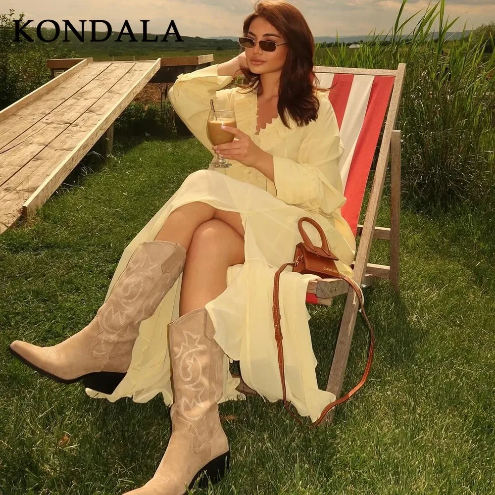 KONDALA 2025 الربيع الصيف عادية زبدة الأصفر النساء الدعاوى موضة الخامس الرقبة Ruched رقيقة قمصان شيك الرباط فضفاض سيدة التنانير