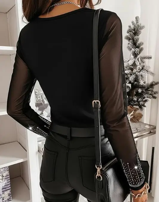 

Top Women 2025 Spring Autumn New Fashion Rhinestone Decor Long Sleeve Sheer Mesh Spliced Tee Casual Round Neck Slim Fit Top