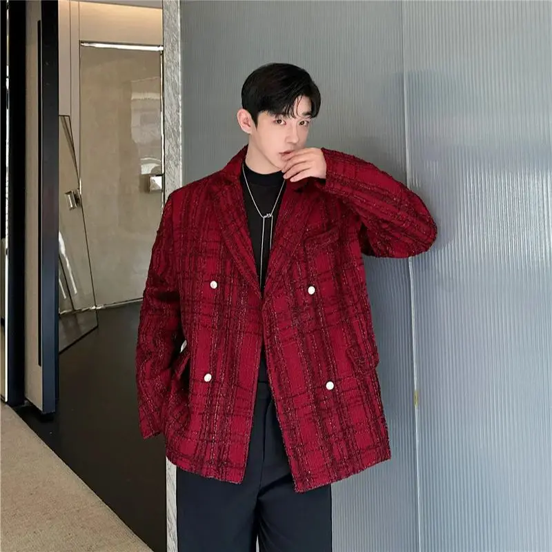 Chic Men's Red Blazer Jacket Shiny Silk Plaid Stage Prom Dress Clothing Autumn Winter Desinger Casual Tweed Suit Coat