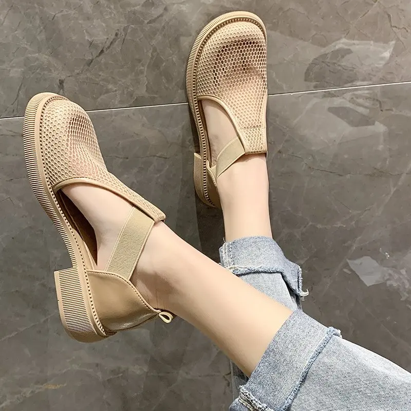 Comfort Shoes for Women All-Match Sandals Elastic Band 2022 Summer Breathable Block Heels Med Suit Female Beige Slip-on New Spri