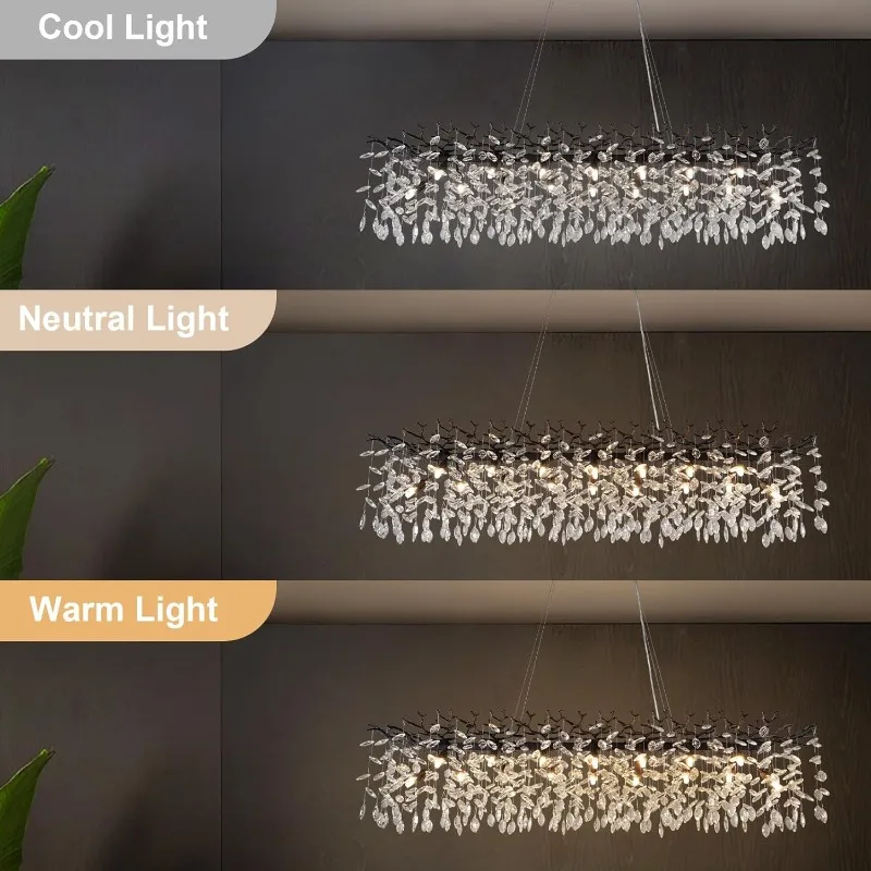Candelabro de gota de lluvia Rectangular de rama negra, Base G9 para sala de estar, luz colgante moderna de tres colores, lámpara de decoración interior
