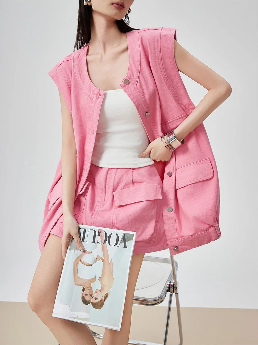 

Dopamine Pink Workwear Style Denim Vest Outerwear Women Loose Casual Skirt Pants Two Piece Set round Neck Multi Pocket