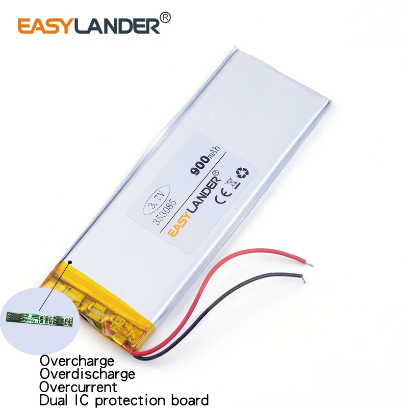 3.7V 353085   Batería recargable de polímero de litio Li-ion de 900mAh para Mp3 DVD PAD teléfono tableta pc banco de energía