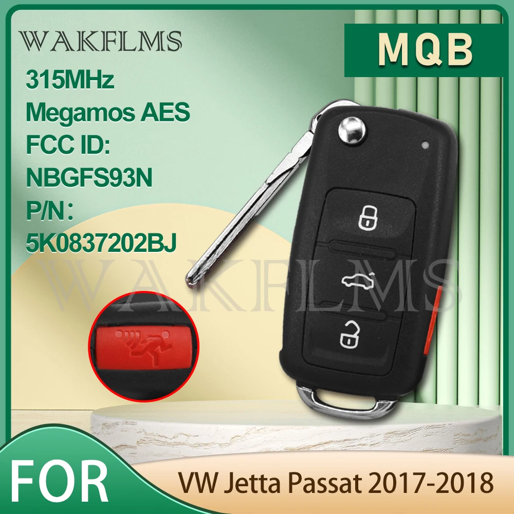 For VW VolksWagen Jetta Passat 2017 2018 315MHz Megamos AES ID88 MQB Flip Remote Car Key Fob NBGFS93N 5K0 837 202BJ