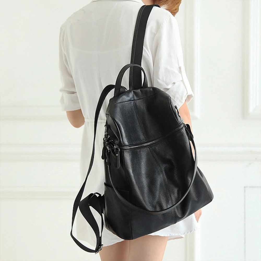 2024 New Genuine Leather Women\'s Backpack Black Large Capacity Aesthetic Academy Style Retro Bag