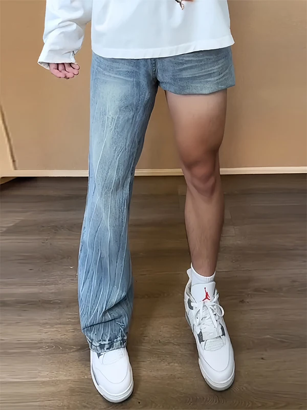 

Мужские джинсы American High Street с узором «Молния», прямые, зауженные, с легким расклешением, длинные брюки, осенняя новинка, повседневная одежда