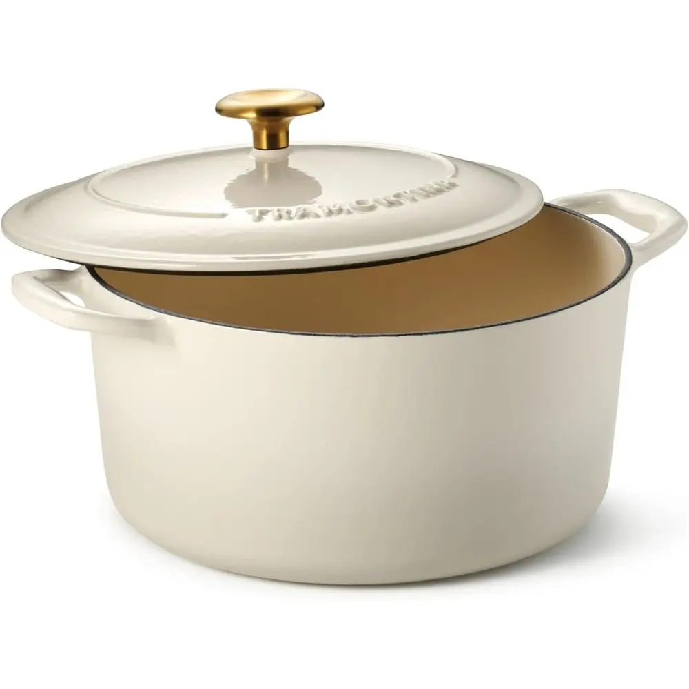 

Чугунная эмалированная кастрюля Bestow с крышкой, круглая, 5,5-литровая, цвет латте с золотой ручкой