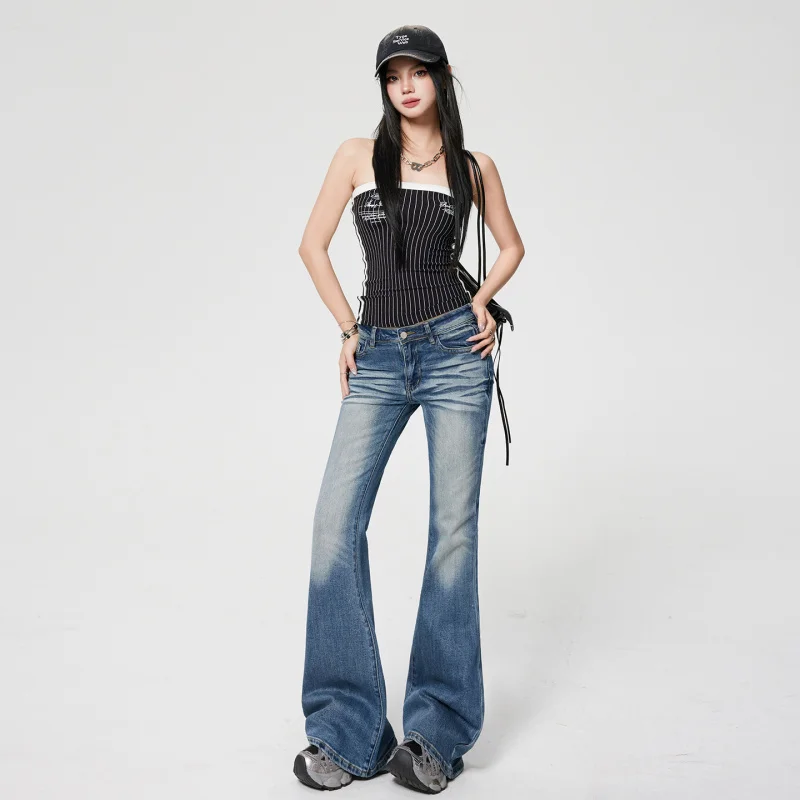 

American retro heavy-duty washed frayed elastic flared jeans for women