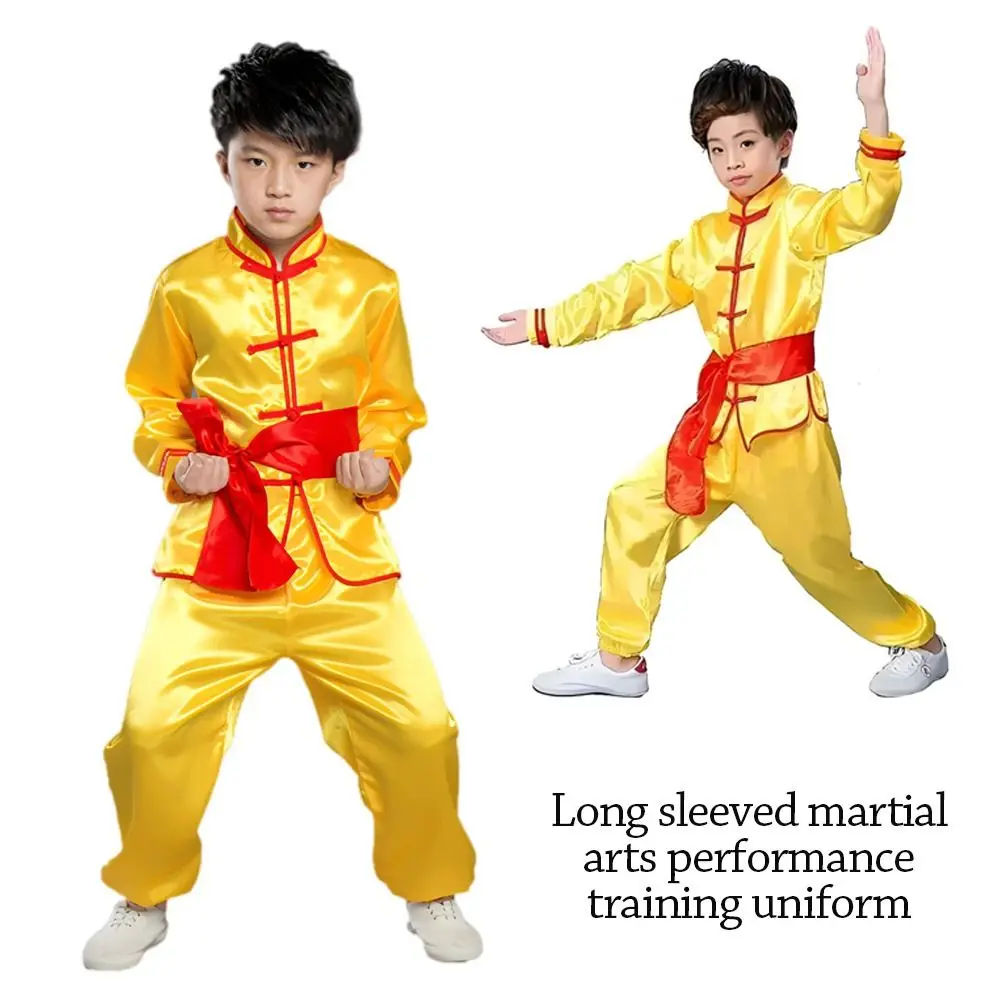 Tradycyjny chiński strój wushu z paskiem, długi rękaw, uniform kungfu, strój do występów wushu, tradycyjne stroje dla dzieci, chłopców i dziewcząt.